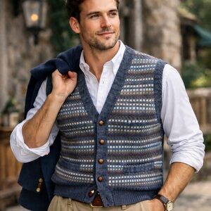 VTG Lord & Taylor Shetland Wool Sweater Vest Men’s M Blue Fair Isle Button Front